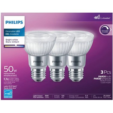 PHILIPS 5.5W PAR20 Medium Base Bright White Dimmable LED Light Bulbs - 3 Pack